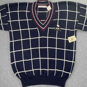 NEW VTG 90s John Ashford Golf Sweater Mens L Navy Windowpane‎ VNeck Pullover